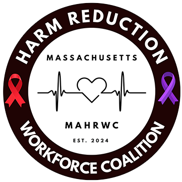 Black-and-white circular logo for the Massachusetts Harm Reduction Workforce Coalition (MAHRWC). The outer ring contains the words “Harm Reduction Workforce Coalition” in large white text on a dark background. Inside the circle, “Massachusetts” appears above a heart-shaped heartbeat line graphic, with “MAHRWC” and “Est. 2024” below. A red awareness ribbon appears on the left side and a purple awareness ribbon appears on the right side of the logo.